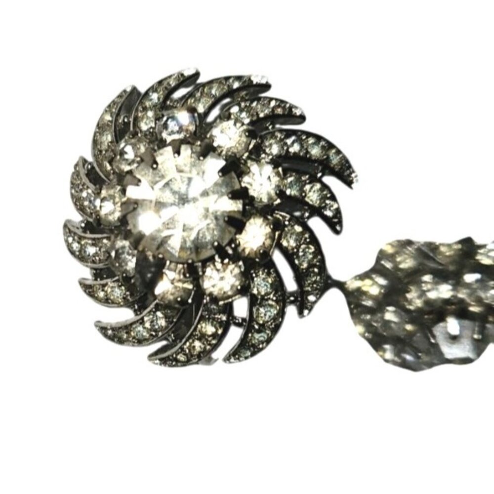 Vintage Earrings Trifari Rhinestone Silver-Tone Swirl Clip-On